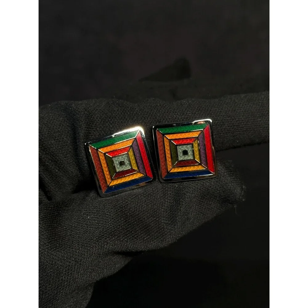Sterling Silver Multicolor Enamel Mosaic Cuff Links
